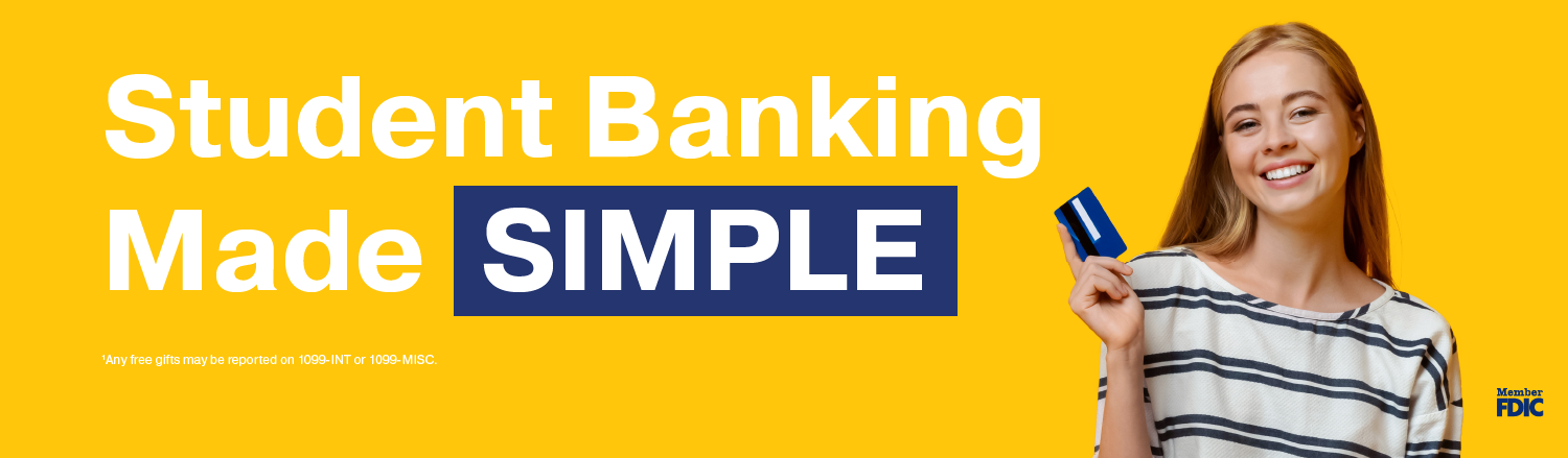 Young woman holding a FSBT debit card. Student Banking Made Simple.